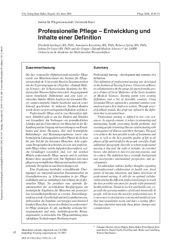(PDF) Professionelle Pflege – Entwicklung und Inhalte einer Definition