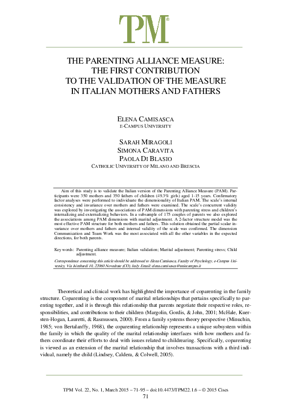 (PDF) The parenting alliance measure: The first contribution to the ...