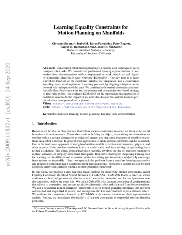 (PDF) Learning Equality Constraints for Motion Planning on Manifolds