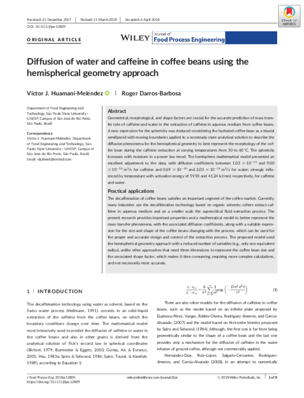 (PDF) Diffusion of water and caffeine in coffee beans using the ...