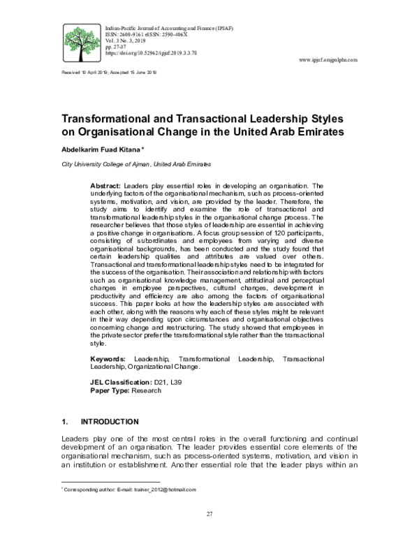 (PDF) Transformational and Transactional Leadership Styles on ...