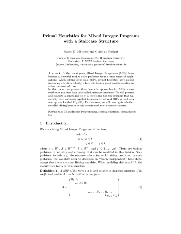 (PDF) Primal Heuristics for Mixed Integer Programs with a Staircase