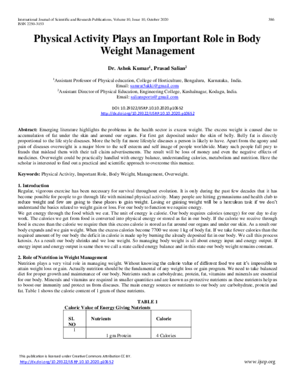 (PDF) Physical Activity Plays an Important Role in Body Weight Management