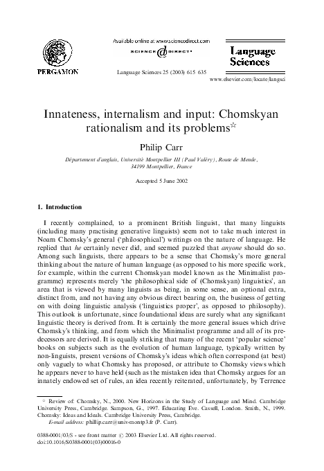 (PDF) Innateness, internalism and input: Chomskyan rationalism and its ...