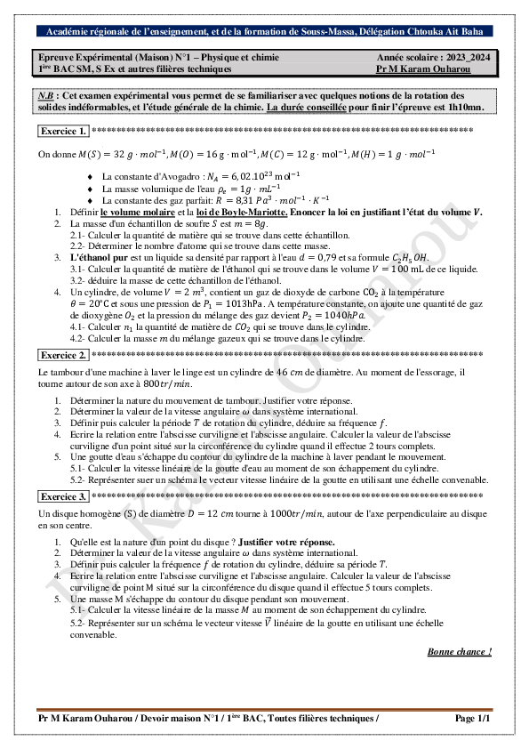 (PDF) Devoir Maison Physique et Chimie N°1 - Semestre 1 - 1ère BAC M ...
