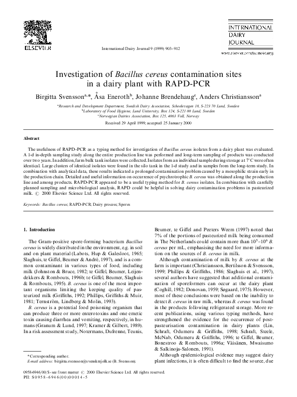 (PDF) Investigation of Bacillus cereus contamination sites in a dairy ...
