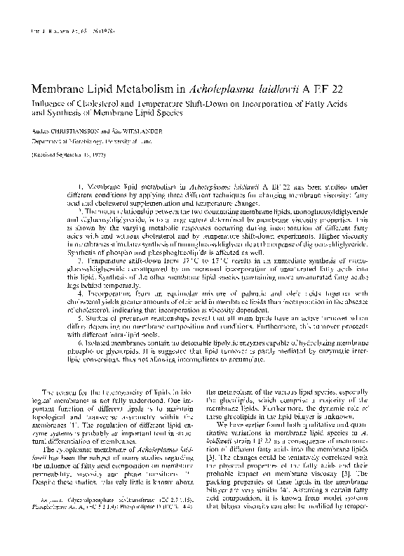 (PDF) Membrane Lipid Metabolism in Acholeplasma laidlawii A EF 22 ...
