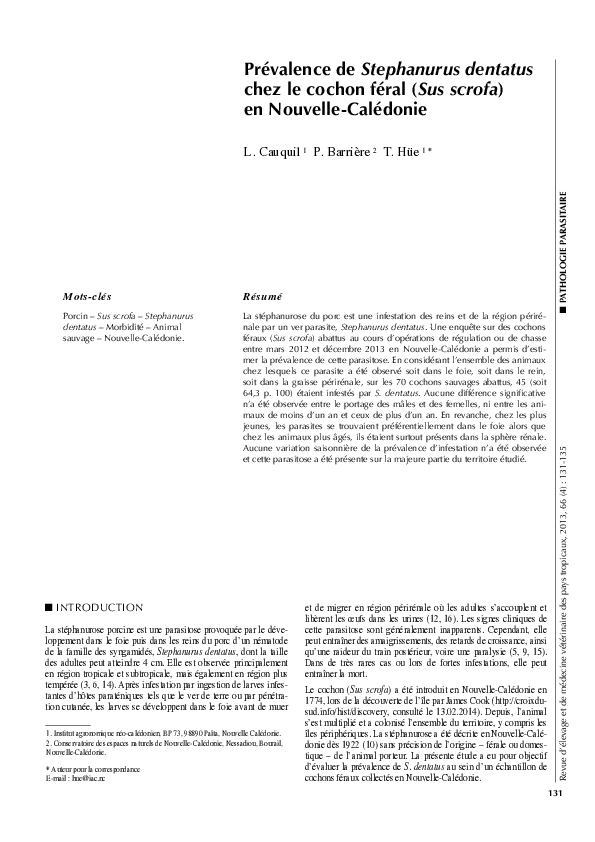 (PDF) Prévalence de Stephanurus dentatus chez le cochon féral ( Sus ...