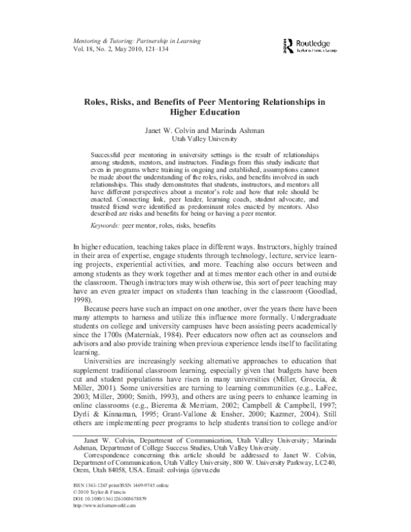 (PDF) Roles, Risks, and Benefits of Peer Mentoring Relationships in ...