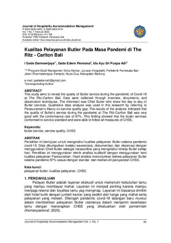 (PDF) Kualitas Pelayanan Butler Pada Masa Pandemi Di The Ritz - Carlton ...