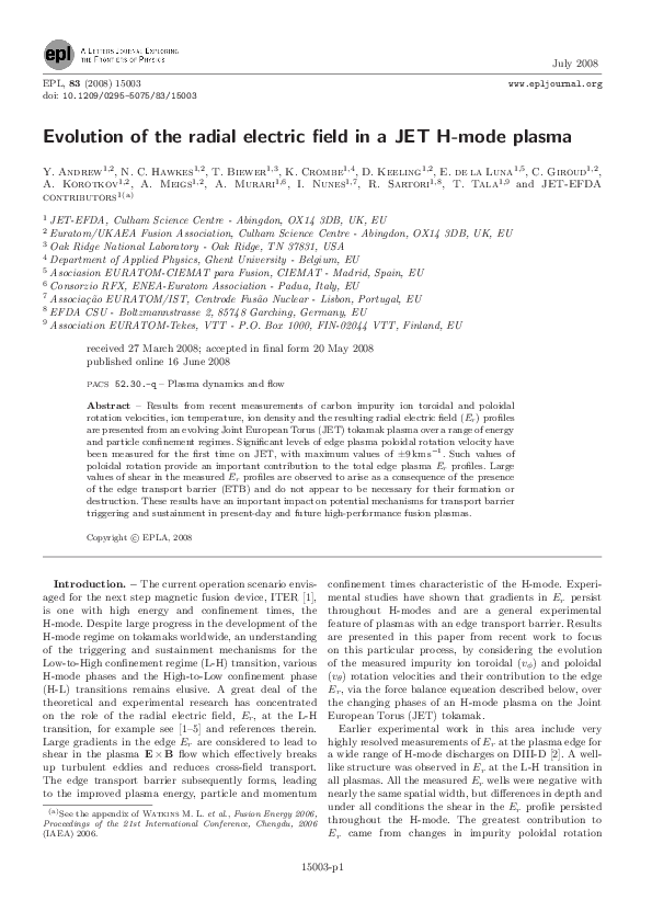 (PDF) Evolution of the radial electric field in a JET H-mode plasma | A ...