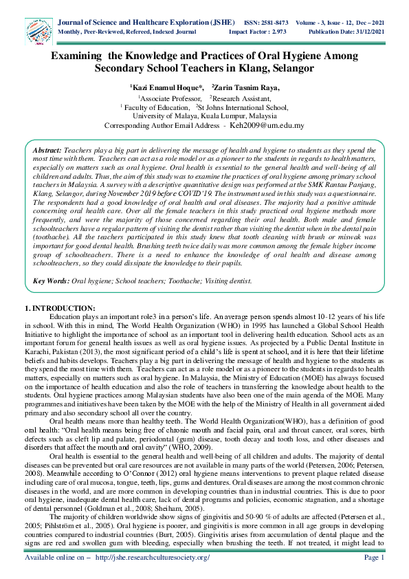 (PDF) Examining the Knowledge and Practices of Oral Hygiene Among ...