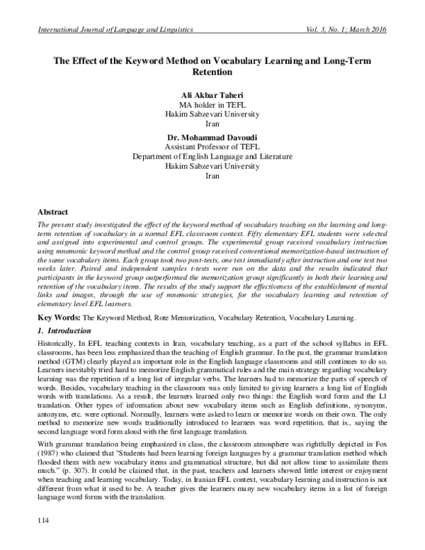 (PDF) The Effect of the Keyword Method on Vocabulary Learning and Long ...
