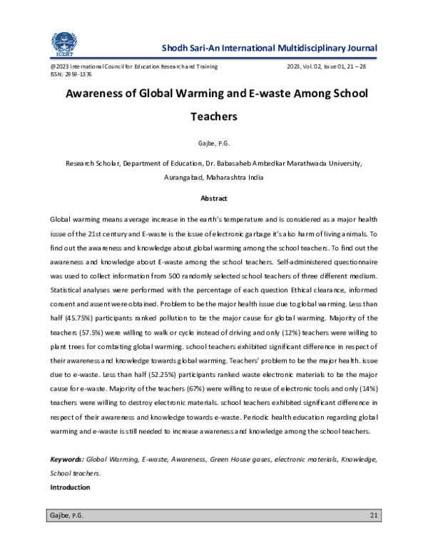 (PDF) Awareness of Global Warming and E-waste Among School Teachers