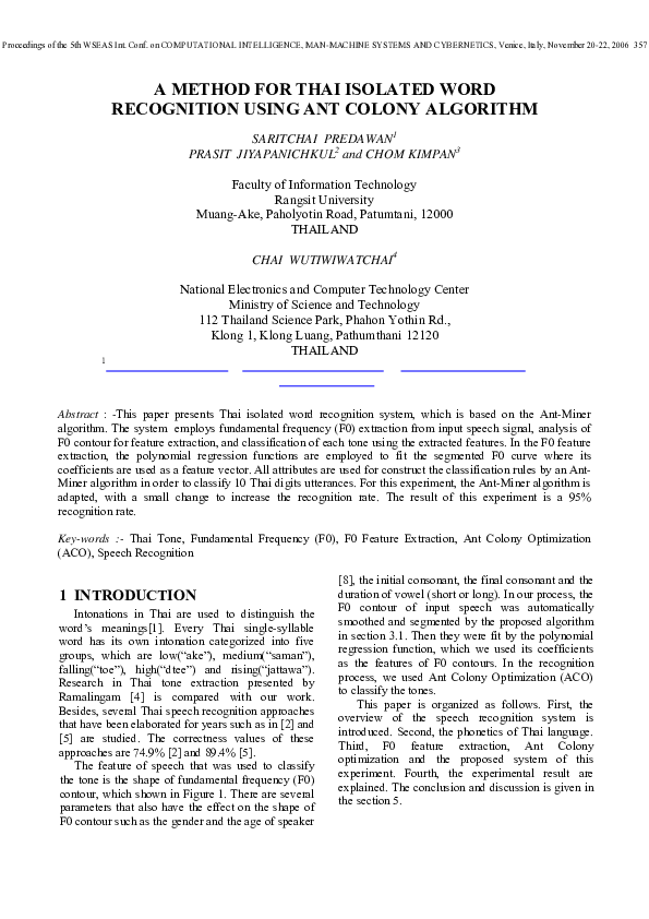 (PDF) A method for THAI isolated word recognition using Ant Colony ...
