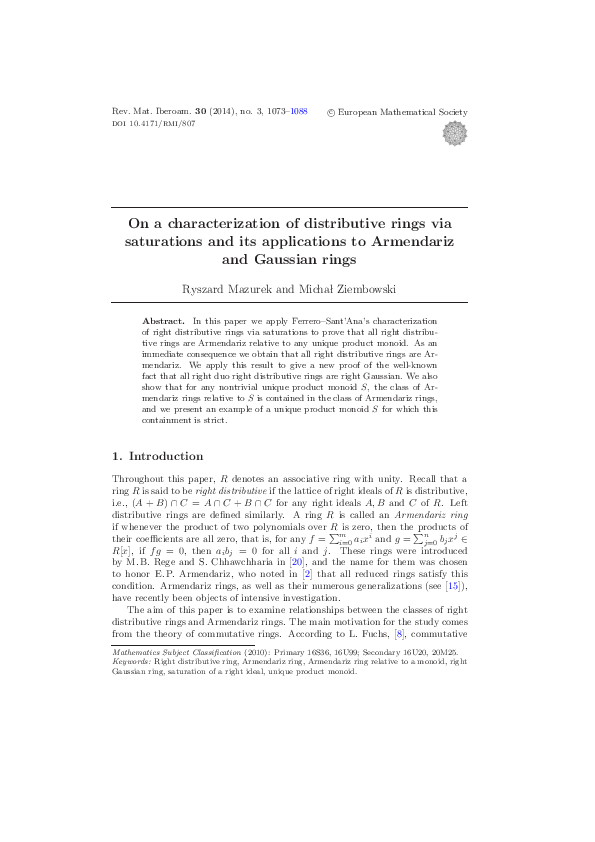 (PDF) On a characterization of distributive rings via saturations and ...