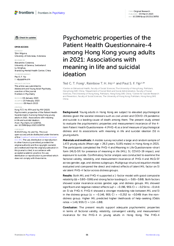 (PDF) Psychometric properties of the Patient Health Questionnaire-4 ...