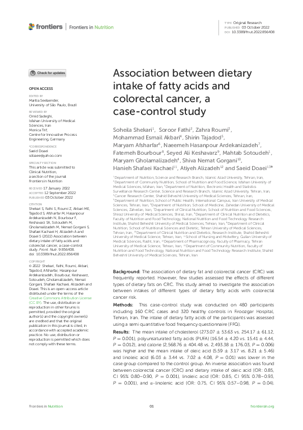 (PDF) Association between dietary intake of fatty acids and colorectal ...
