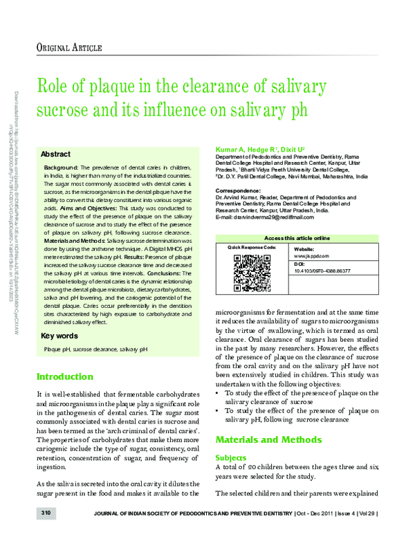 (PDF) Role of plaque in the clearance of salivary sucrose and its ...