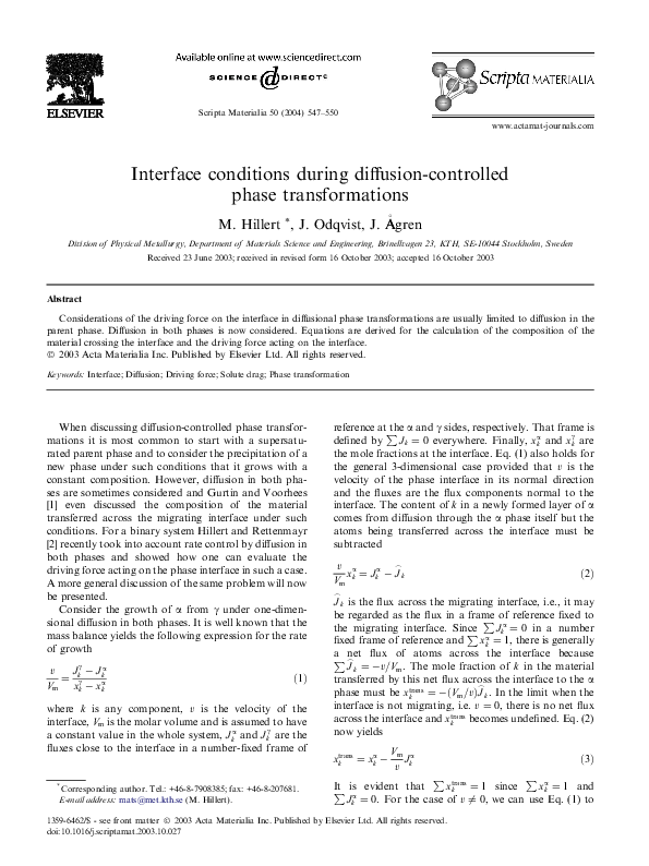 (PDF) Interface conditions during diffusion-controlled phase ...