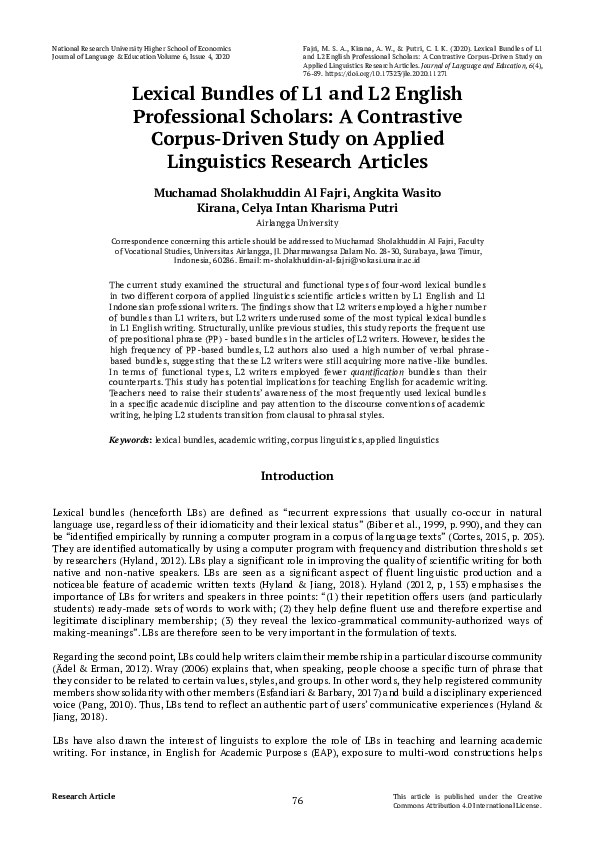 (PDF) Lexical Bundles of L1 and L2 English Professional Scholars: A ...