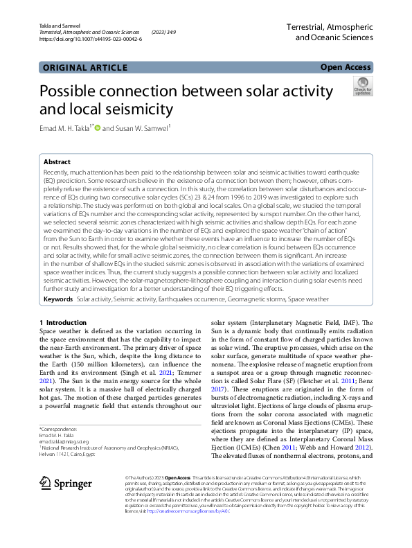 (PDF) Possible connection between solar activity and local seismicity