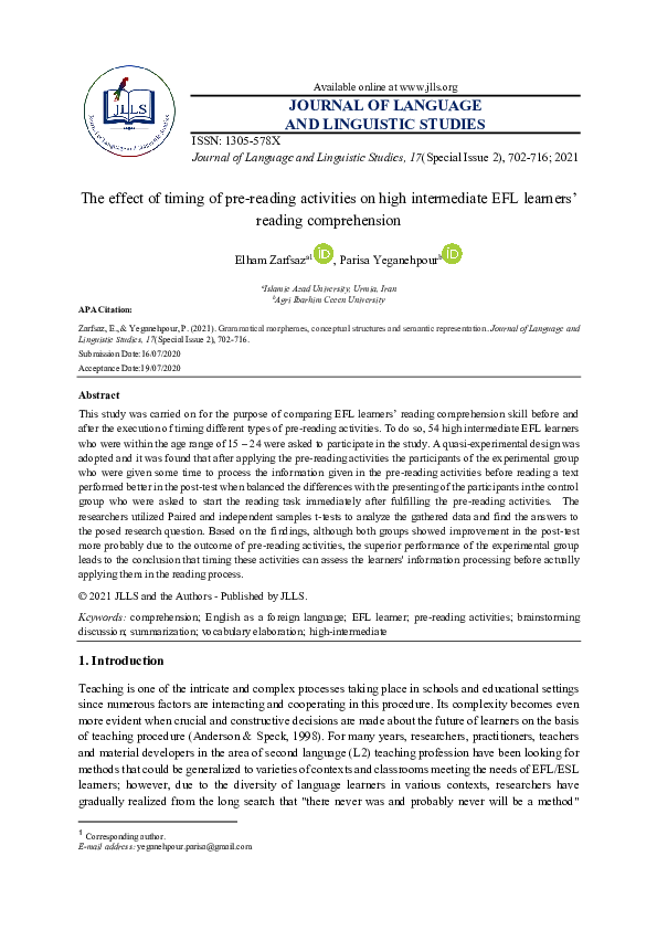 (PDF) The effect of timing of pre-reading activities on high ...