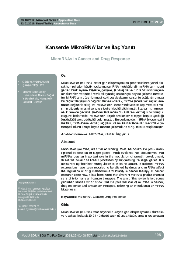 Kanserde MikroRNA’lar ve İlaç Yanıtı