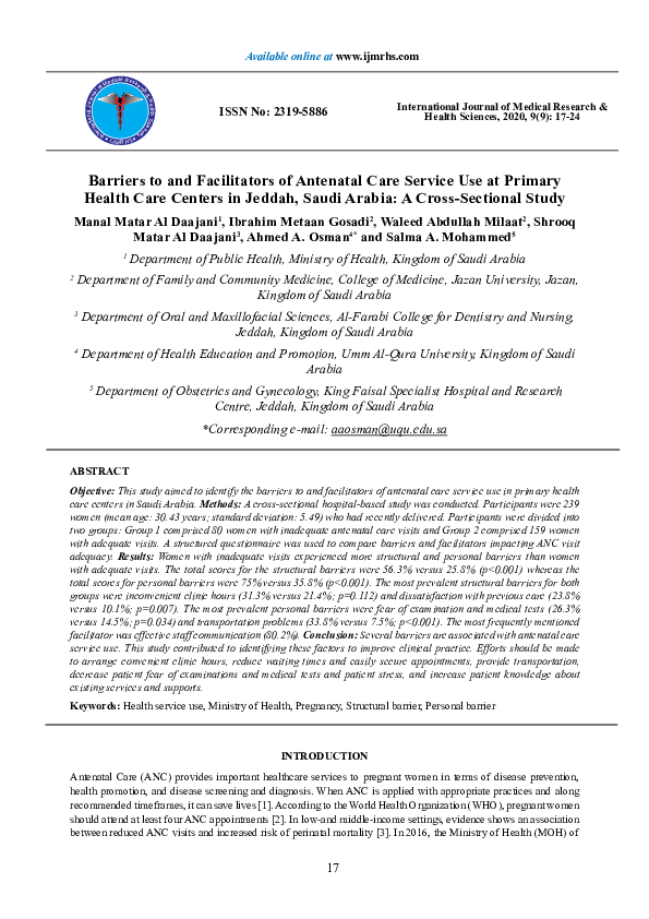 (PDF) Barriers to and Facilitators of Antenatal Care Service Use at ...