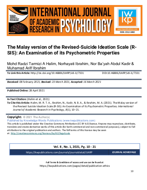 (PDF) The Malay version of the Revised-Suicide Ideation Scale (R-SIS ...