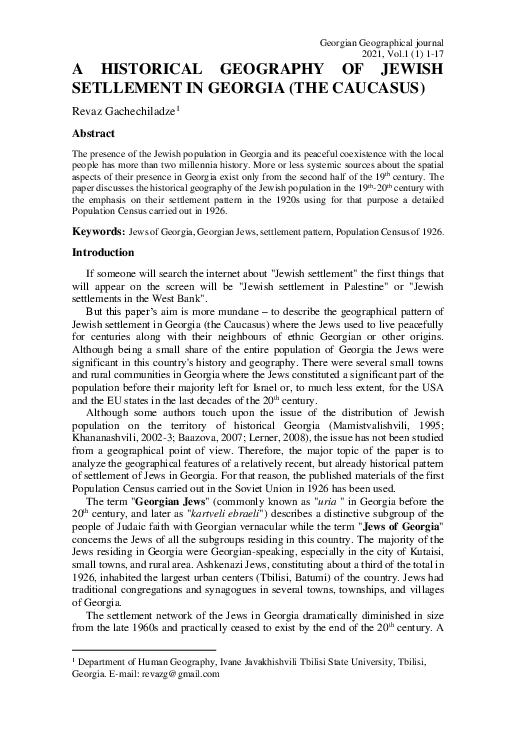 (PDF) A Historical Geography of Jewish Setllement in Georgia (The Caucasus)