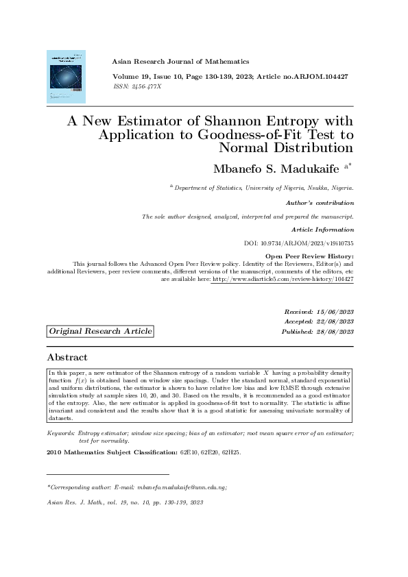 (PDF) A New Estimator of Shannon Entropy with Application to Goodness ...