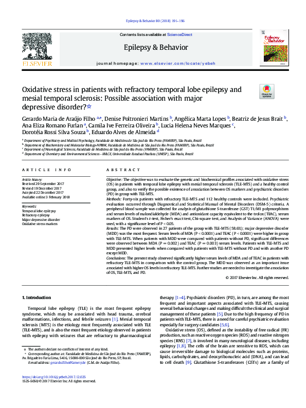 (PDF) Oxidative stress in patients with refractory temporal lobe ...