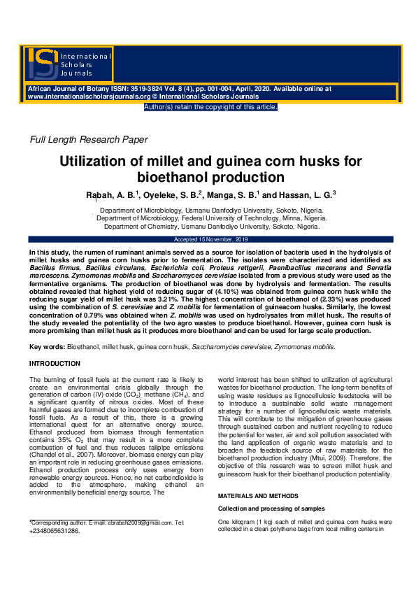 (PDF) Utilization of millet and guinea corn husks for bioethanol