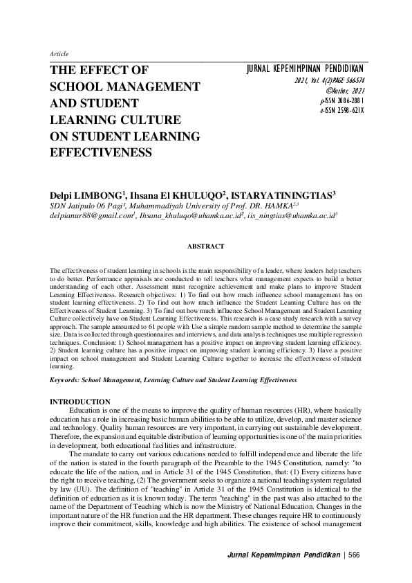 (PDF) The Effect of School Management and Student Learning Culture on ...