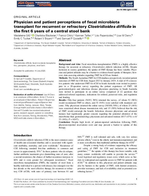(PDF) Physician and patient perceptions of fecal microbiota transplant ...