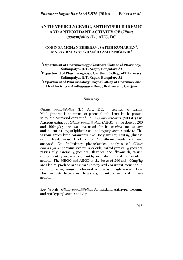 (PDF) ANTIHYPERGLYCEMIC, ANTIHYPERLIPIDEMIC AND ANTIOXIDANT ACTIVITY OF ...