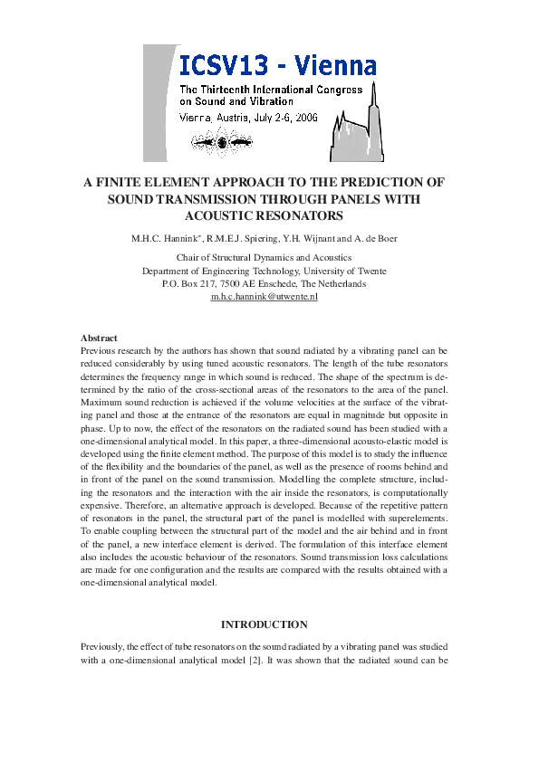 (PDF) A finite element approach to the prediction of sound transmission ...