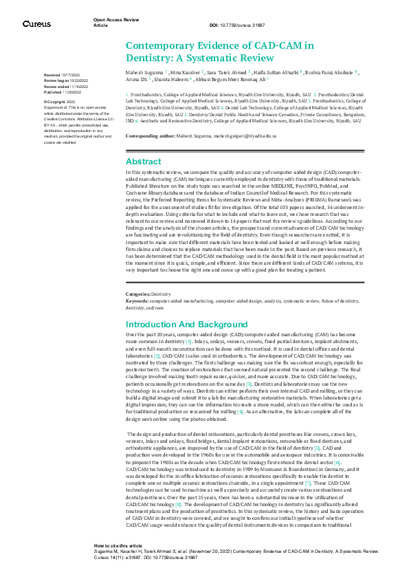 (PDF) Contemporary Evidence of CAD-CAM in Dentistry: A Systematic Review