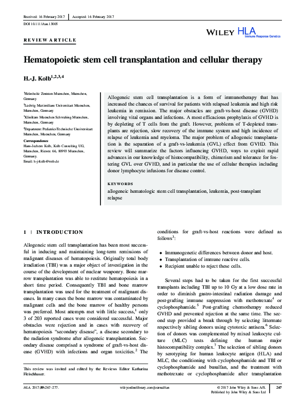 (PDF) Hematopoietic stem cell transplantation and cellular therapy