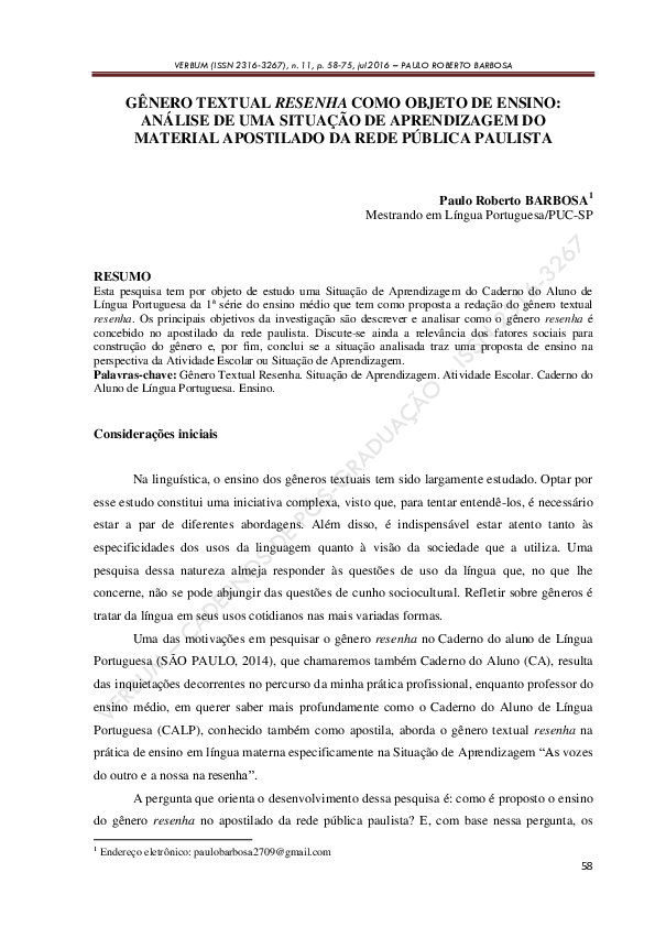 (PDF) Gênero Textual Resenha Como Objeto De Ensino: Análise De Uma ...