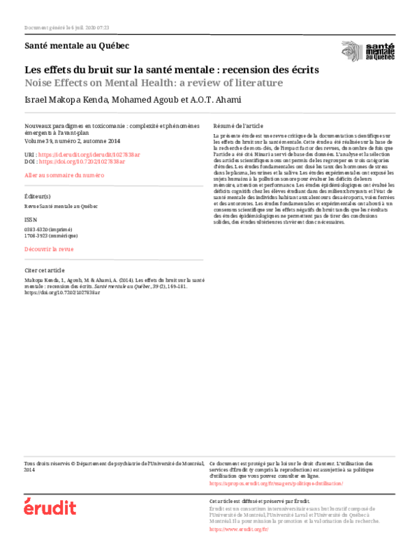 (PDF) Les effets du bruit sur la santé mentale : recension des écrits