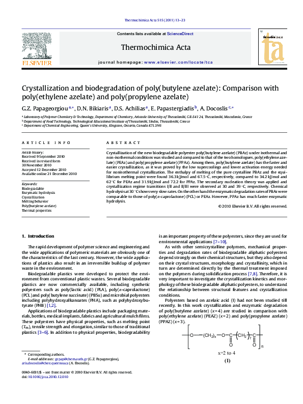 (PDF) Crystallization and biodegradation of poly(butylene azelate ...