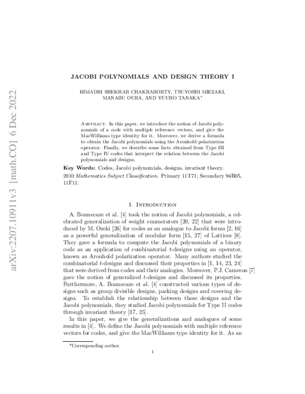 (PDF) Jacobi polynomials and design theory I