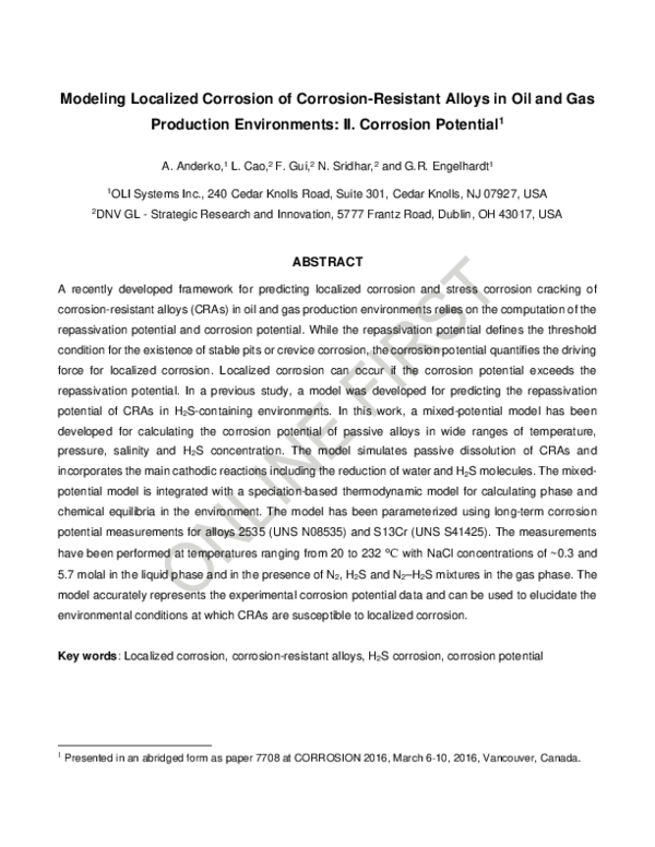 (PDF) Modeling Localized Corrosion of Corrosion-Resistant Alloys in Oil ...