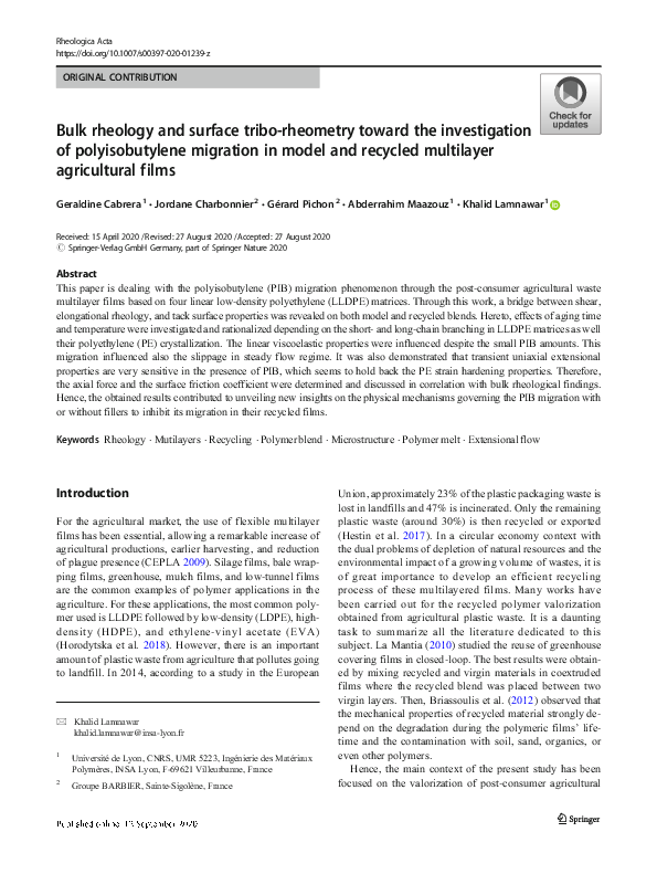 (PDF) Bulk rheology and surface tribo-rheometry toward the ...