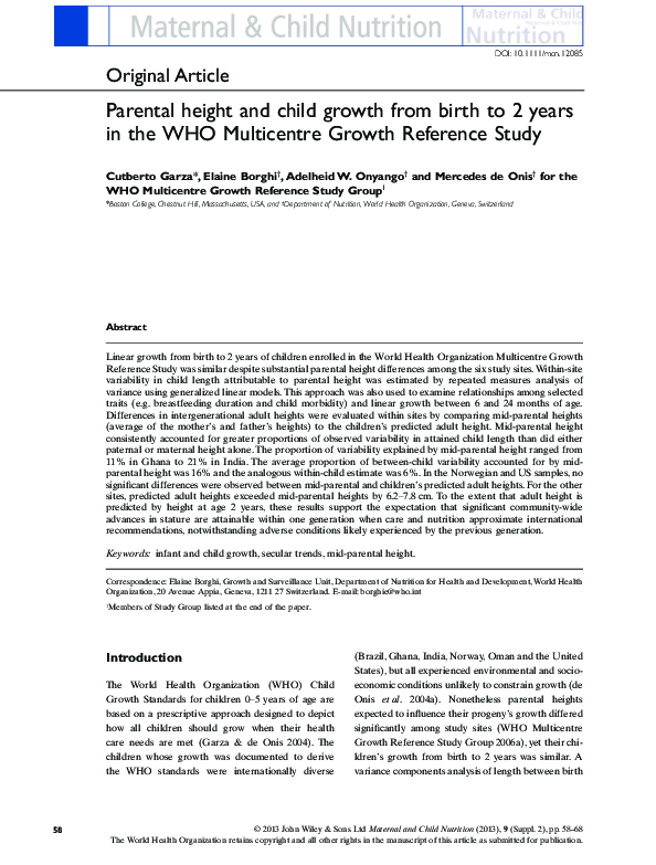 (PDF) Parental height and child growth from birth to 2 years in the WHO ...