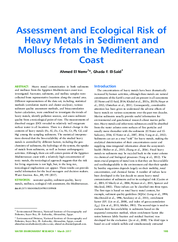 (PDF) Assessment and Ecological Risk of Heavy Metals in Sediment and ...