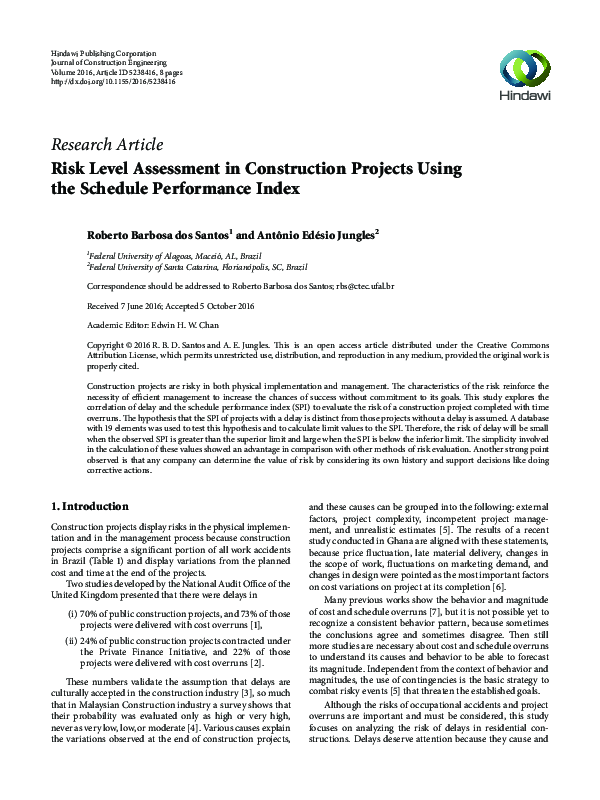 (PDF) Risk Level Assessment in Construction Projects Using the Schedule ...