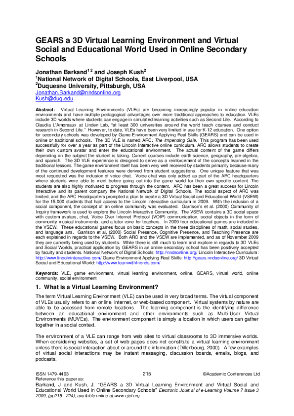 (PDF) GEARS a 3D Virtual Learning Environment and Virtual Social and ...